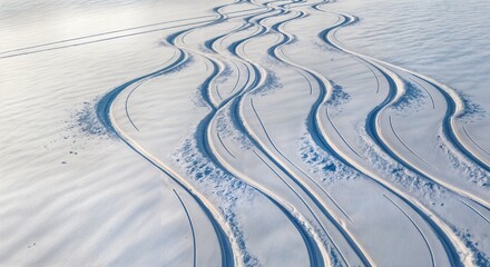 Aerial winter mountain slope with fresh ski and snowboard tracks creating graphic S curves in pristine snow 