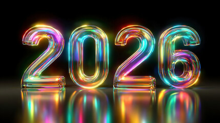 Dazzling rainbow transparent inscription shows new year 2026 reflecting bright colors