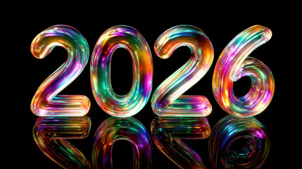 Dazzling rainbow transparent inscription shows new year 2026 reflecting bright colors