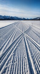 Snowmobile tracks carving parallel lines through open snowy plain leading toward distant mountains winter adventure