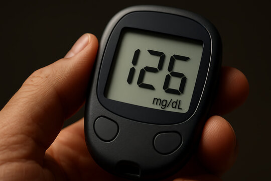 Hand holding a glucometer displaying a reading of 126 mg/dL, representing personal blood glucose monitoring and awareness of diabetic health management.