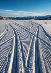 Snowmobile tracks carving parallel lines through open snowy plain leading toward distant mountains winter adventure