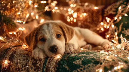 puppy relaxes among festive decorations and lights during winter