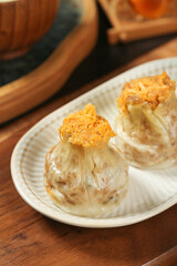 Siu Mai Dim Sum with Salted Egg Yolk and Glutinous Rice Topping