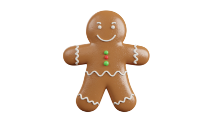 Isolated Gingerbread Man Cookie, Cute Festive Christmas Dessert with Icing Decoration, Traditional Holiday Baked Sweet Treat, Cartoon Character Icon on Transparent Background