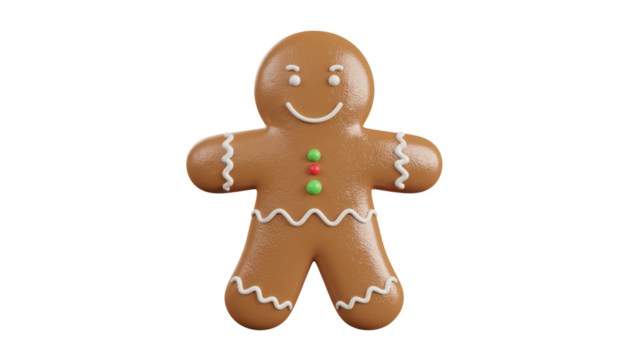 Isolated Gingerbread Man Cookie, Cute Festive Christmas Dessert with Icing Decoration, Traditional Holiday Baked Sweet Treat, Cartoon Character Icon on Transparent Background