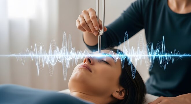 Woman receiving sound healing therapy with tuning fork, wellbein