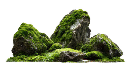 Moss covered rocks and stones arranged to resemble a miniature mountain landscape