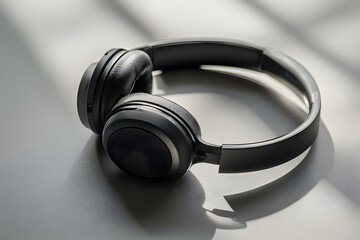 Minimalist black wireless headphones resting on a textured gray surface, highlighted by natural window light and shadows, symbolizing music, relaxation, and modern audio technology.