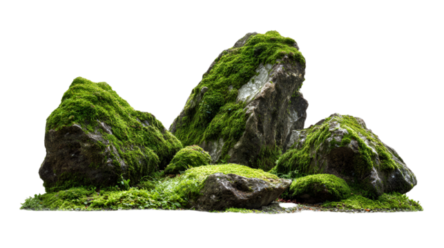 Moss covered rocks and stones arranged to resemble a miniature mountain landscape