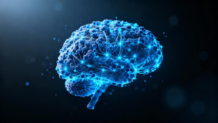 Futuristic neural network brain with glowing blue particles on dark background