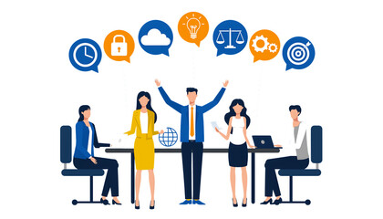 Business team brainstorming with icons representing time, security, cloud, idea, justice, and goals