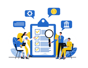 Business team analyzing data on a clipboard with magnifying glass and icons analysis research