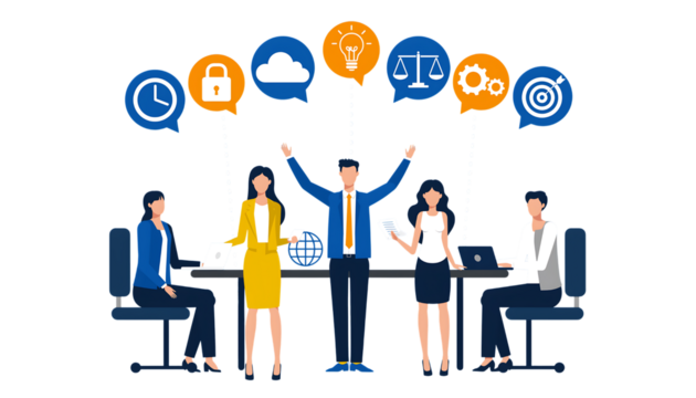 Business team brainstorming with icons representing time, security, cloud, idea, justice, and goals - Powered by Adobe