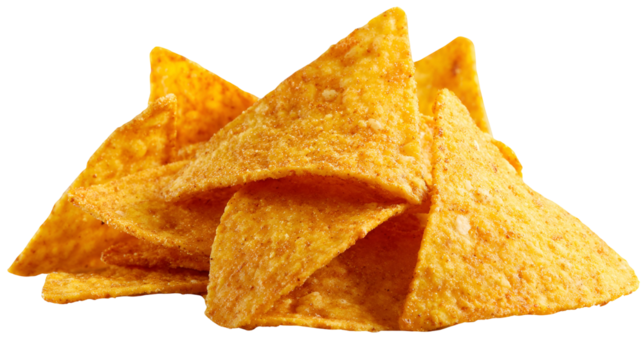 Golden yellow tortilla chips stacked together isolated on a black background