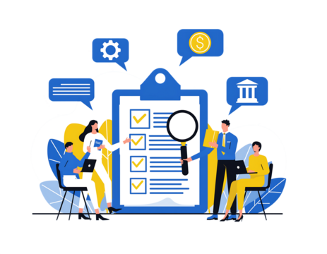 Business team analyzing data on a clipboard with magnifying glass and icons analysis research