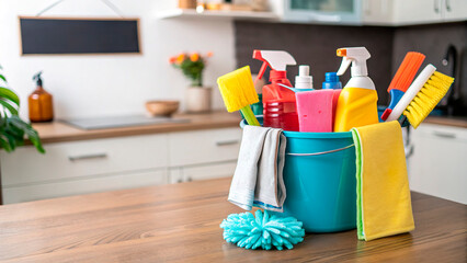 Bucket with cleaning items on wooden table and blurry modern kitchen background. Washing set colorful with copy space banner.