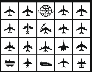 Collection of Airplane and Globe Icons on Black Background with White Outline aircraft aviation
