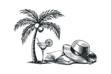Obraz premium Palm tree, cocktail, and hat with open book
