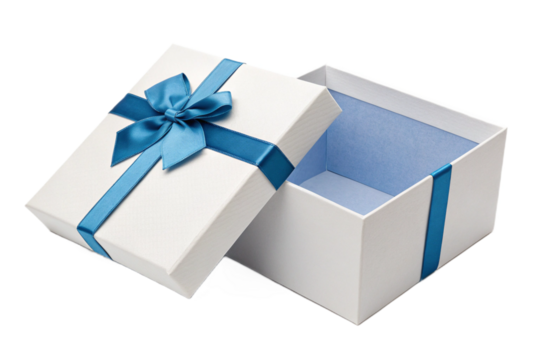 Open white gift box with a blue ribbon bow. Empty present box for surprise  - Powered by Adobe