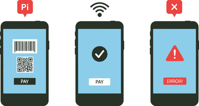 Mobile payment process with options for successful transaction, error, or barcode scanning