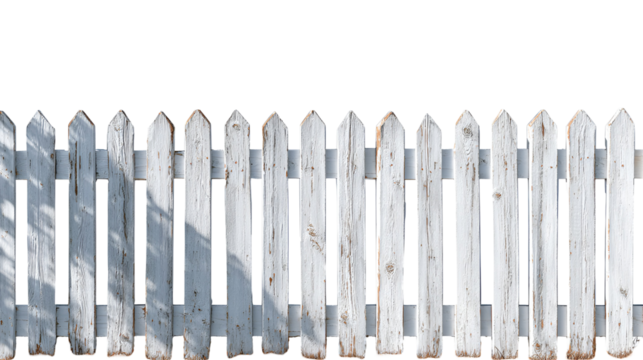 Weathered white picket fence against a stark black background