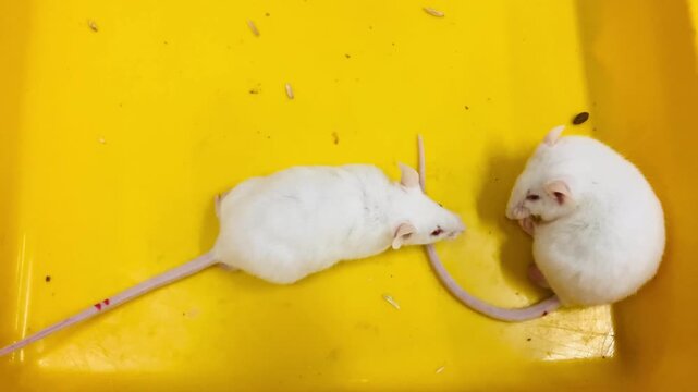 two white mice in a yellow container