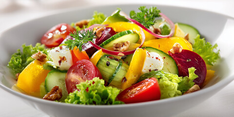 Mediterraner Salat mit vielen Zutaten Schafskäse Schrimps Tomaten