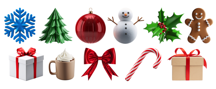 Christmas Symbols Big Set, Colorful Festive Icons and Decorations Isolated on White Transparent Background, Holiday Elements Including Gifts, Bells, Stars, Candy Canes, and Tree Ornaments