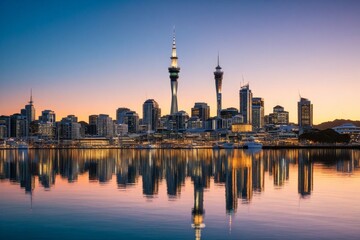 Obraz premium Skyline von Auckland bei Sonnenuntergang mit klarer Spiegelung im Wasser