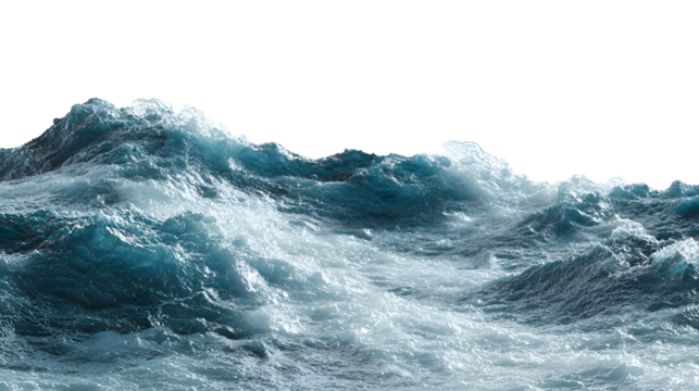 Dynamic ocean waves crashing with white foam against a dark black background