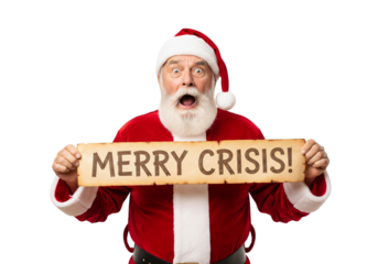 Santa Claus holds a sign saying Merry Crisis with a shocked expression, perfect for humorous and topical holiday greetings and social media posts, offering a unique twist on traditional festive themes