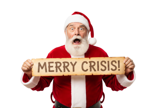 Santa Claus holds a sign saying Merry Crisis with a shocked expression, perfect for humorous and topical holiday greetings and social media posts, offering a unique twist on traditional festive themes - Powered by Adobe