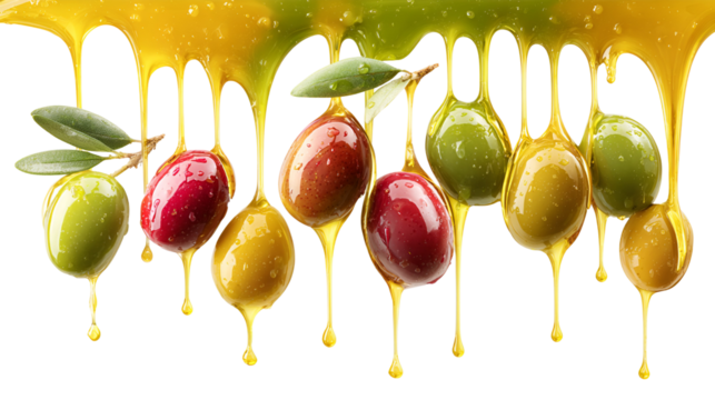 Fresh ripe olives dripping golden olive oil against a dark background