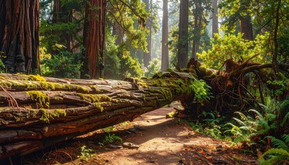 A sunlit trail winds through a vibrant forest, with towering trees and a fallen log arching over the path