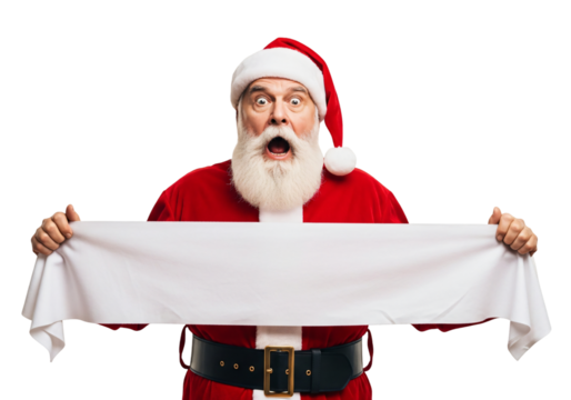Surprised Santa Claus holding a blank banner offers space for your Christmas message or holiday promotion, perfect for seasonal marketing and festive advertising campaigns
