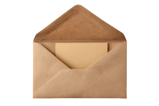 Open kraft paper envelope with blank card inside against a black background
