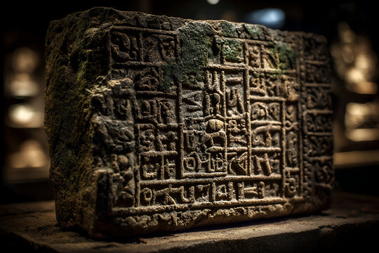 Ancient Stone Tablet with Carved Inscriptions and Moss
