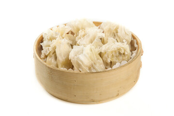 Handmade Chinese Siu Mai Dumplings in Bamboo Steamer Basket - Traditional Hohhot Pork and Lamb Dim Sum