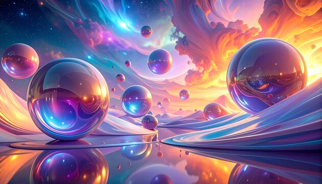 A surreal digital painting showing reflective spheres floating above a wavy surface under a vibrant, colorful sky - Powered by Adobe