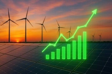 Renewable energy investment is on rise as shown in this graph highlighting growth against backdrop of wind turbines and solar panels