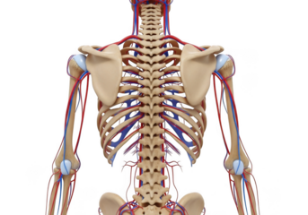 Anatomical illustration of the human torso skeleton with arteries and veins, isolated on transparent background