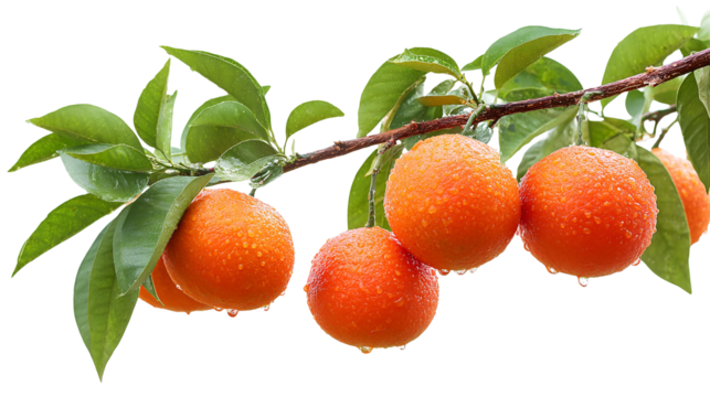 Ripe fuzzy peaches with water droplets hanging from a branch against a dark background