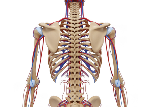 Anatomical illustration of the human torso skeleton with arteries and veins, isolated on transparent background