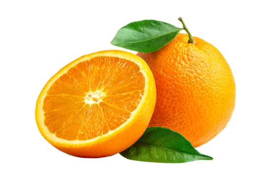 Fresh ripe orange fruit one whole and one half with green leaves on black background