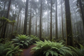 Fototapeta premium Mystischer Nebelwald mit Farnen und hohen Bäumen in Tasmanien, Australien