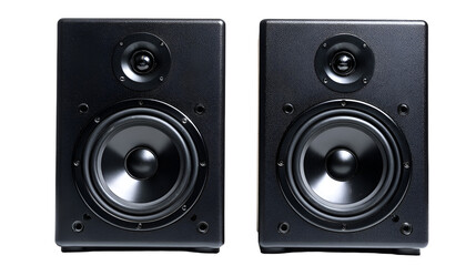 Pair of black studio monitor speakers on a dark background for audio production and sound engineering