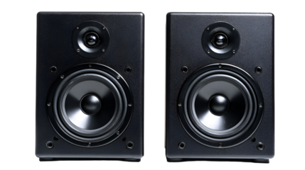 Pair of black studio monitor speakers on a dark background for audio production and sound engineering