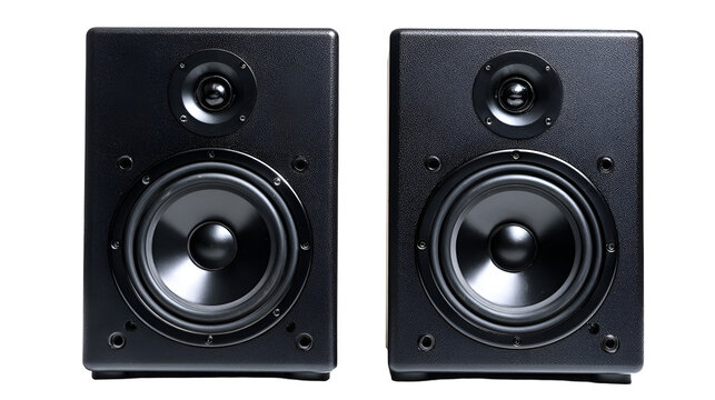 Pair of black studio monitor speakers on a dark background for audio production and sound engineering