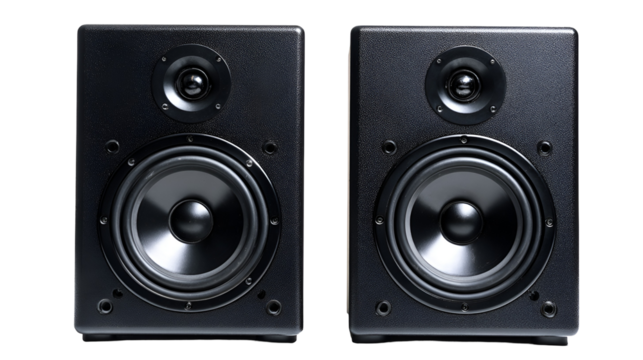 Pair of black studio monitor speakers on a dark background for audio production and sound engineering